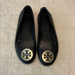 Tory Burch Black Leather Flats with Gold Logo
